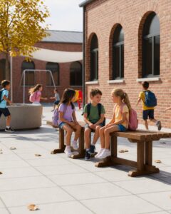 Patio escolar inclusivo con diferentes zonas de actividad, encuentro y descanso para el alumnado