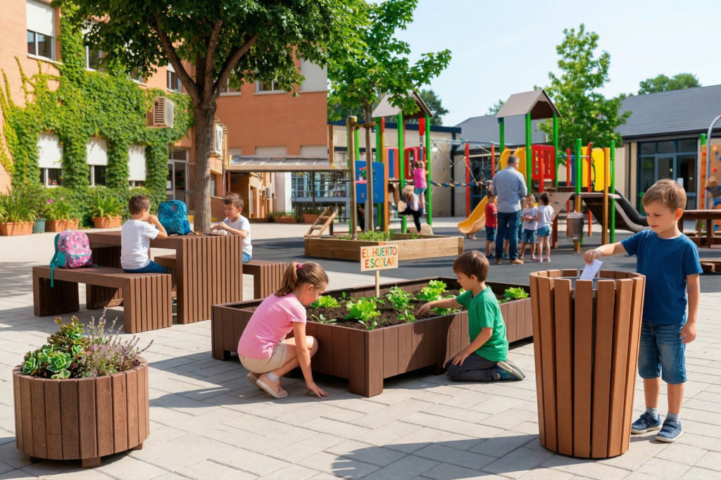 Alumnado aprendiendo en un patio escolar diseñado para actividades educativas